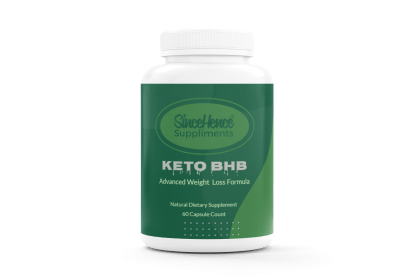 SinceHence Keto BHB Advanced Weight Loss Formula Capsules bottle on a vibrant background, showcasing the product's features for ketosis and fat-burning.